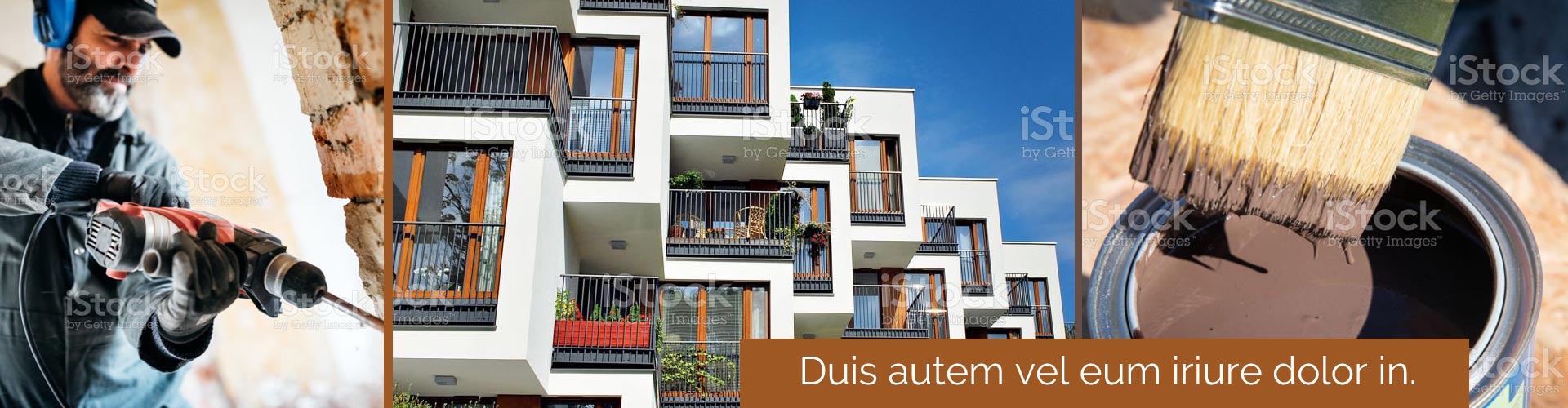 3 Bildausschnitte bei der Arbeit, Wohngebäude, Farbtopf mit Pinsel