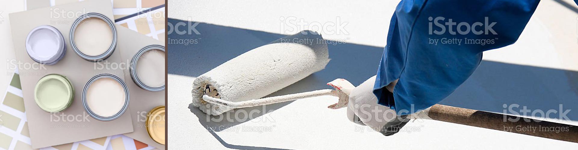 unterschidliche Farbtöpfe und Maler beim Streichen