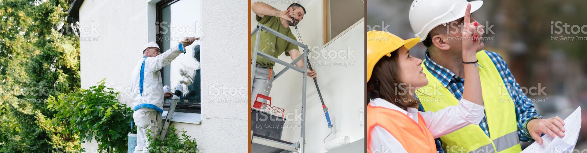 2 Bilder zeigen Maler bei der Arbeit und 1 Bild Baubesprechung